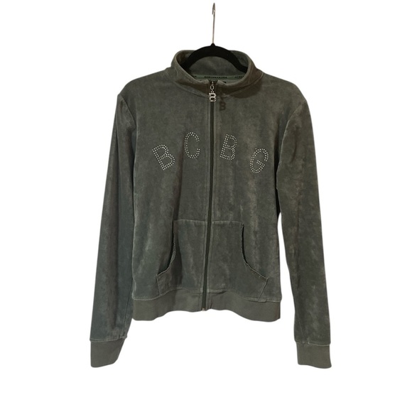 BCBGMAXAZRIA Velour Jacket Rhinestone Pockets Zipper Long Sleeve Green Size L - Picture 14 of 14